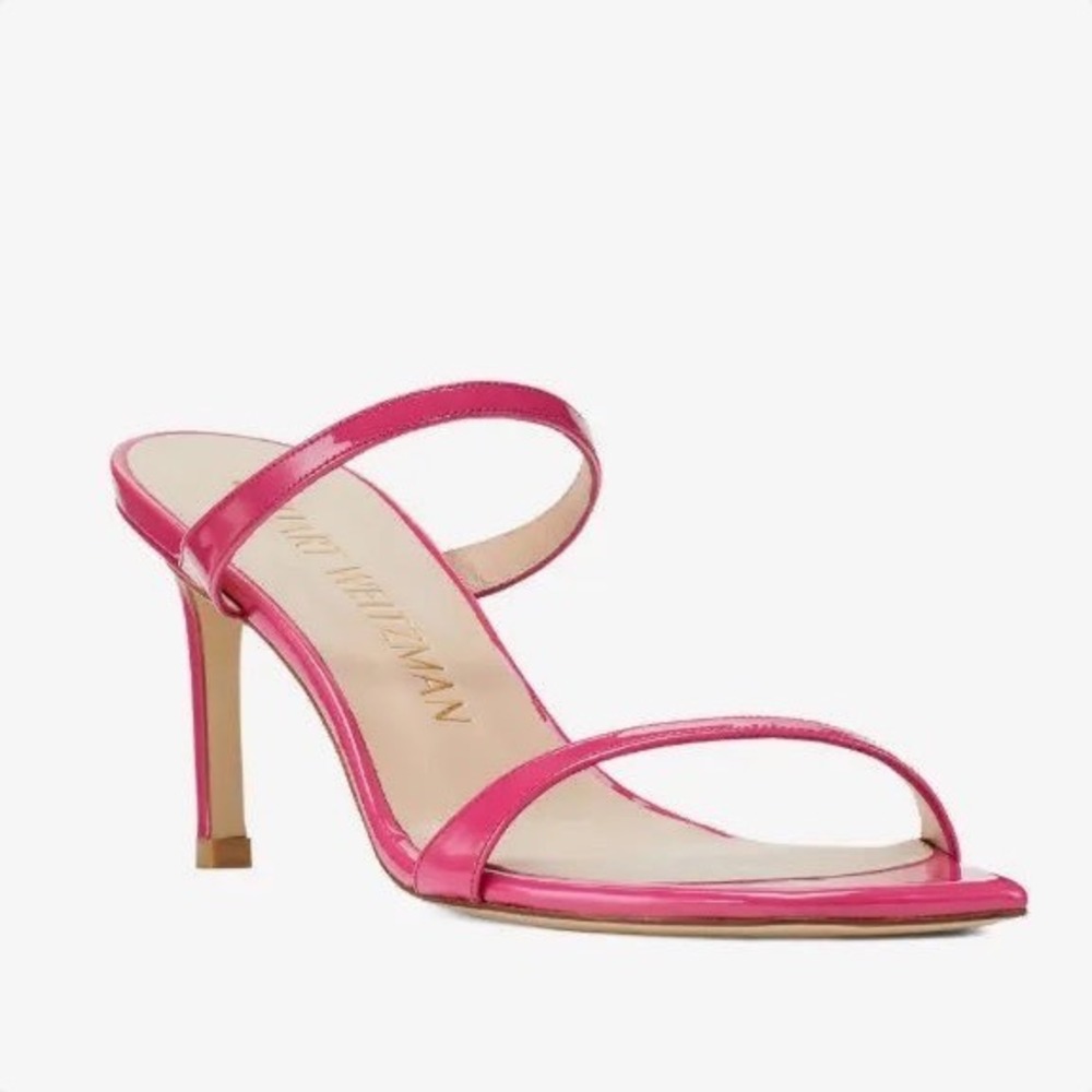 New Stuart Weitzman Aleen Pink Patent Leather Square Toe Stiletto Sandals 8.5